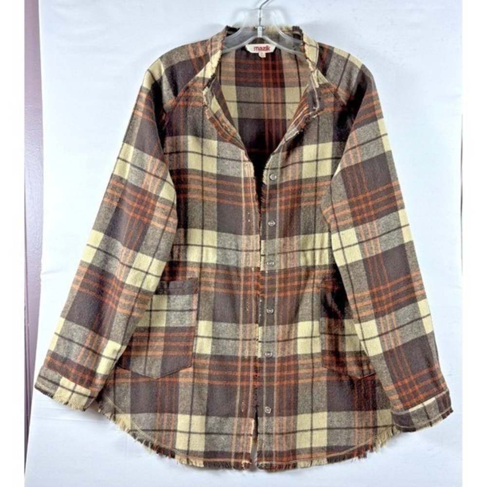 Mazik womens brown/cream plaid silver button down w/tie waist casual Medium